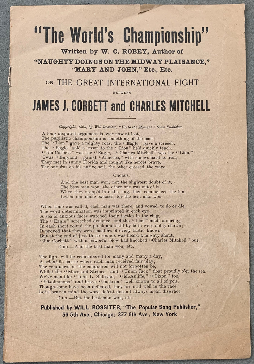 Corbett James J Charles Mitchell Sheet Music 1894 Exceedingly Rare