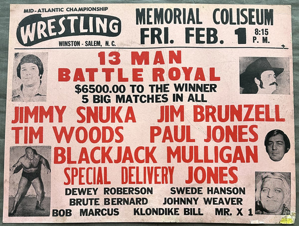 13 MAN WRESTLING BATTLE ROYAL ON SITE POSTER (1980-SNUKA, HANSON, BERNARD, JONES, MULLIGAN)