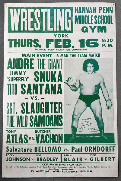 ANDRE THE GIANT & JIMMY SNUKA & TITO SANTANA VS SGT> SLAUGHTER & THE WILD SAMOANS ON SITE POSTER (1984)