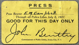 DEMPSEY, JACK-GEORGE CARPENTIER PRESS CREDENTIAL (1921)