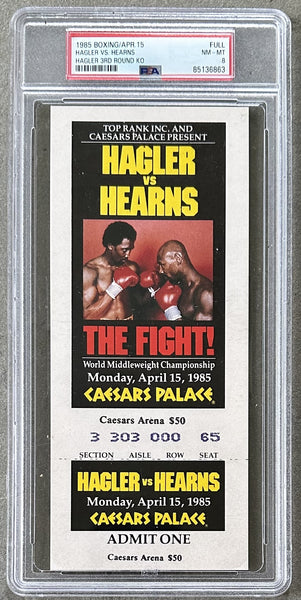 HAGLER, MARVIN-THOMAS HEARNS ON SITE FULL TICKET (1985-PSA/DNA NM-MT 8)