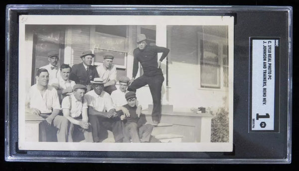 JOHNSON, JACK TRAINING CAMP REAL PHOTO POSTCARD (1910-TRAINING FOR JEFFRIES-SGC)