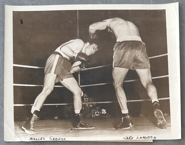 LAMOTTA, JAKE-MARCEL CERDAN ORIGINAL TYPE 1 WIRE PHOTO (1949-LAMOTTA WINS TITLE)