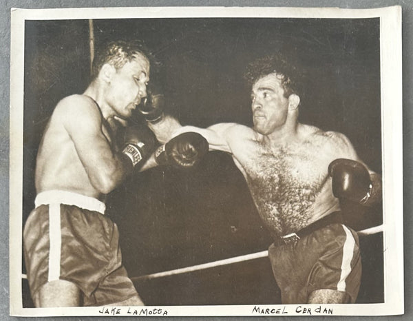 LAMOTTA, JAKE-MARCEL CERDAN ORIGINAL TYPE 1 WIRE PHOTO (1949-LAMOTTA WINS TITLE)