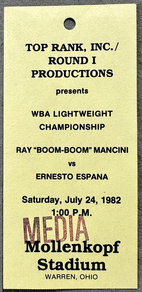 MANCINI, RAY "BOOM BOOM"-ERNESTO ESPANA ON SITE MEDIA CREDENTIAL (1982)