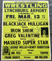 VALENTINE, GREG-MASKED SUPERSTAR & BLACKJACK MULLIGAN-IRON SHIEK SIGNED ON SITE POSTER (1981-SIGNED BY VALENTINE, SNUKA, MASKED SUPERSTAR)