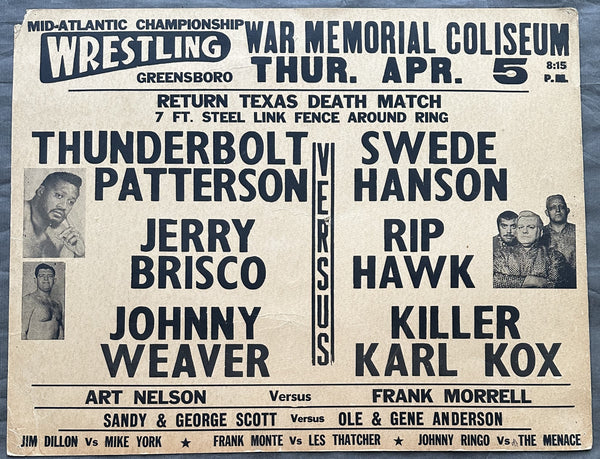 HANSON, SWEDE & RIP HAWK & KILLER KARL KOX VS JERRY BRISCO & THUNDERBOLT PATTERSON & JOHNNY WEAVER ON SITE POSTER (1973)