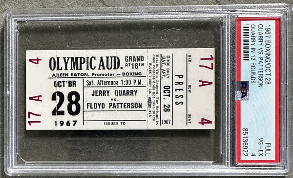 PATTERSON, FLOYD-JERRY QUARRY II FULL TICKET (1967-PSA/DNA VG-EX 4)