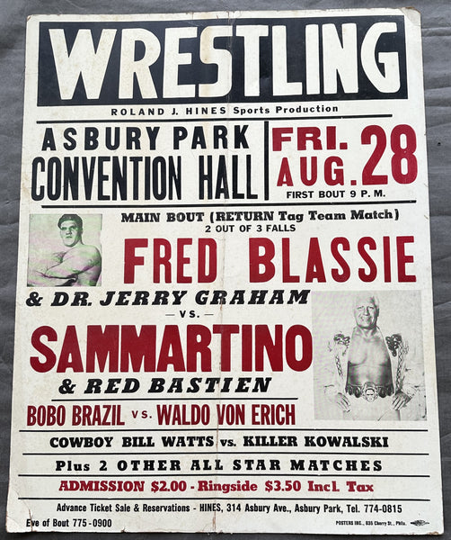 SAMMARTINO, BRUNO & RED BASTIEN VS FRED BLASSIE & DR. JERRY GRAHAM ON SITE POSTER (1964)