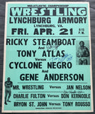 STEAMBOAT, RICKY & TONY ATLAS VS GENE ANDERSON & CYCLONE NEGRO SIGNED ON SITE POSTER (1978)