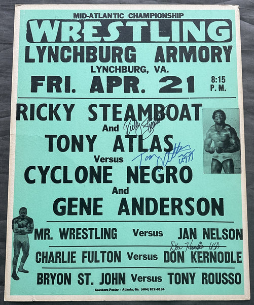 STEAMBOAT, RICKY & TONY ATLAS VS GENE ANDERSON & CYCLONE NEGRO SIGNED ON SITE POSTER (1978)