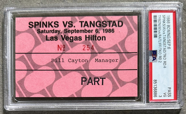 TYSON, MIKE-ALFONZO RATLIFF & MICHAEL SPINKS-STEFFAN TANGSTAD ORIGINAL CREDENTIAL (1986-PSA/DNA VG 3)