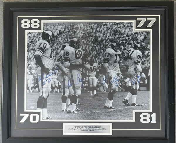 MINNESOTA VIKINGS SIGNED "PURPLE PEOPLE EATERS" LARGE FORMAT PHOTOGRAPH (ELLER, PAGE, LARSEN, MARSHALL-PSA/DNA)