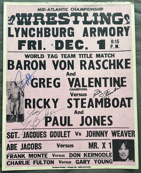 VALENTINE, GREG & BARON VON RASCHKE VS RICKY STEAMBOAT & PAUL JONES SIGNED ON SITE POSTER (1978)