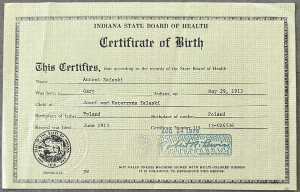 ZALE, TONY BIRTH CERTIFICATE (1913)