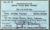 ZALE, TONY UNITED STATES NAVAL RESERVE I.D. CARD (1949)